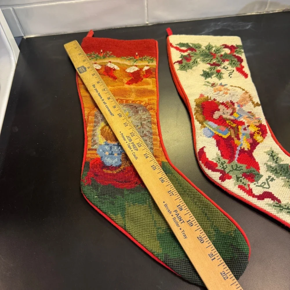Vintage Christmas Stocking Set Multicolor Needlepoint Santa Fireplace 2pc